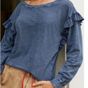 Pilcro Anthropologie Blue Ruffle Sleeve Top Size S Soft Cotton